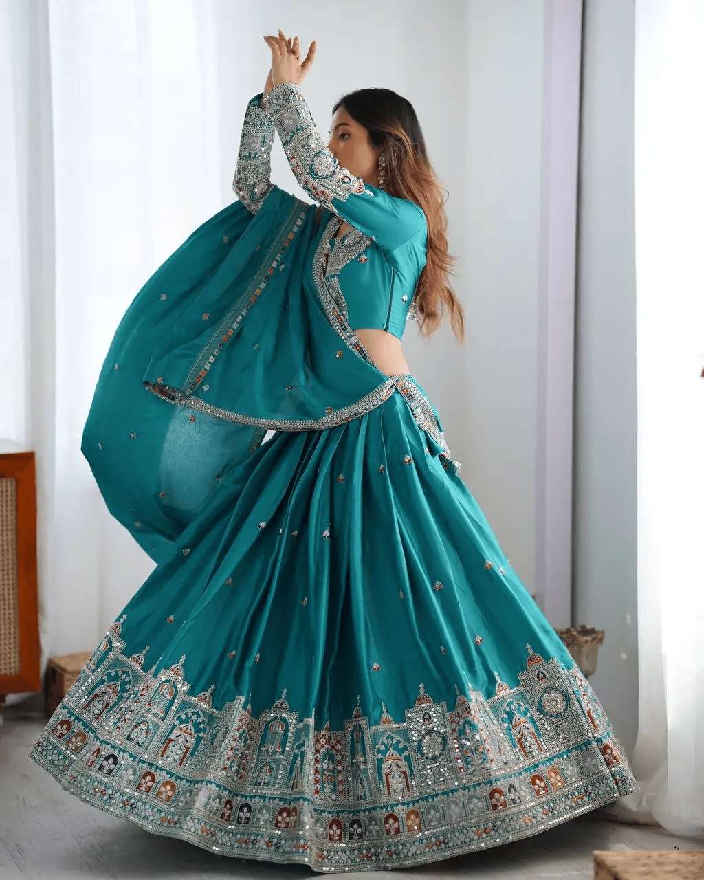 Women's Crepe Silk Sequence Embroidery and Zari Work Rajsthani Lehenga Choli with Dupatta - Image 9