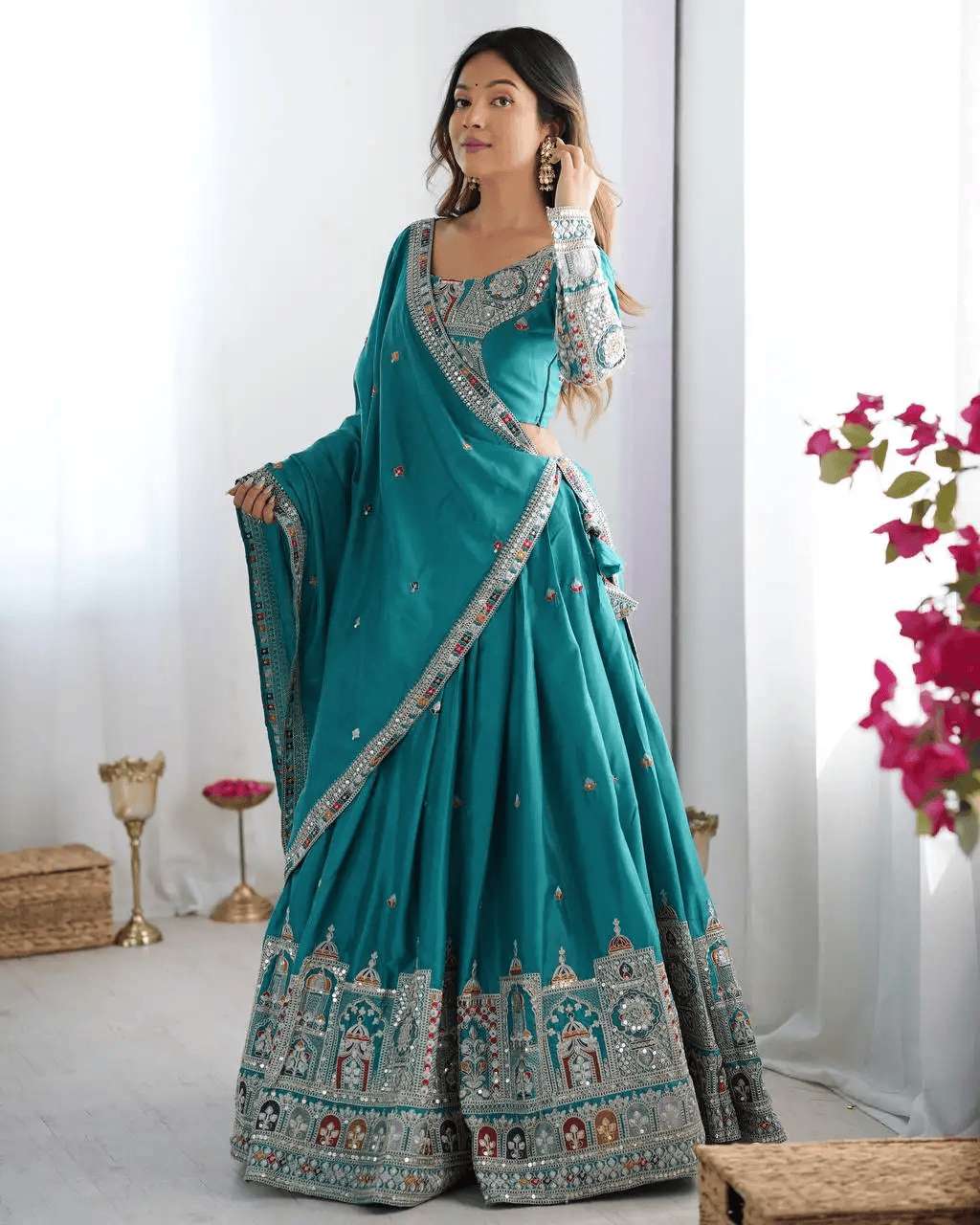 Women's Crepe Silk Sequence Embroidery and Zari Work Rajsthani Lehenga Choli with Dupatta - Image 3