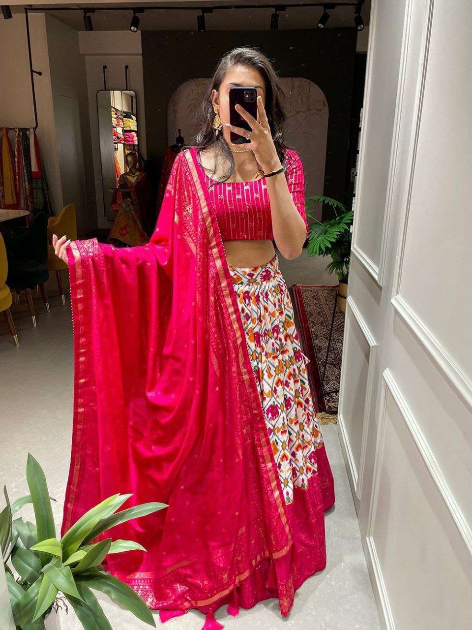 Women's Tussar Silk Patola Print Lehenga Choli Dupatta Set - Image 2
